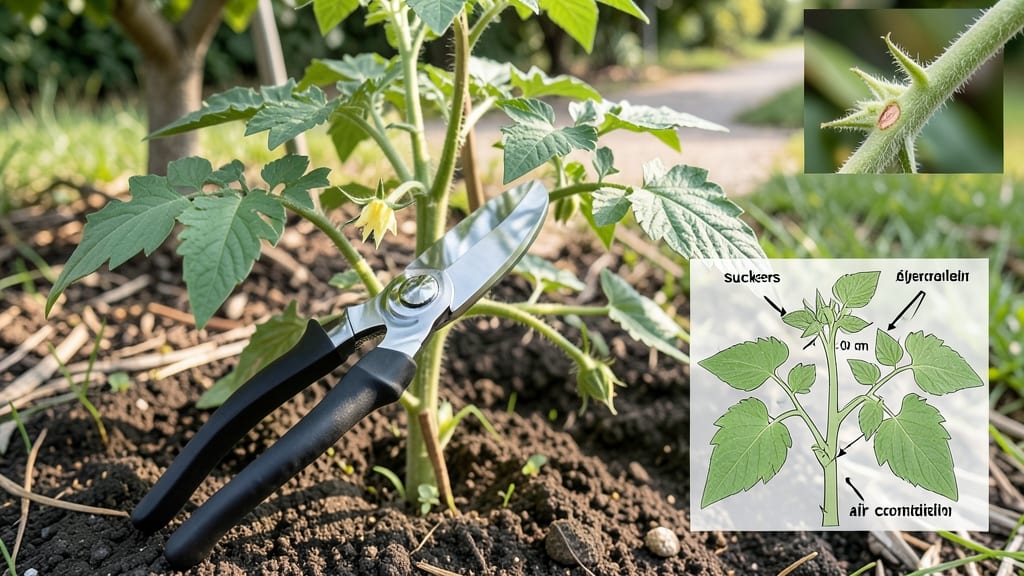Early Stage Tomato Plant Pruning Diagram: Visual Guide to First Cuts for Bushier Growth